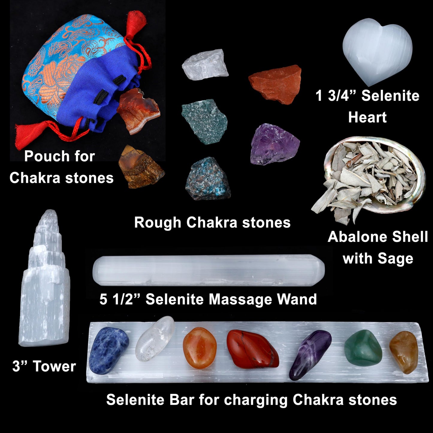 Dancing Bear Healing Crystals Chakra Balancing & Selenite Set, 14 Stones: 7 Tumbled and 7 Rough, Selenite: Tower, Wand, Heart, Charging Plate, Abalone Shell with Sage, 2 Bags, Assembled in The USA