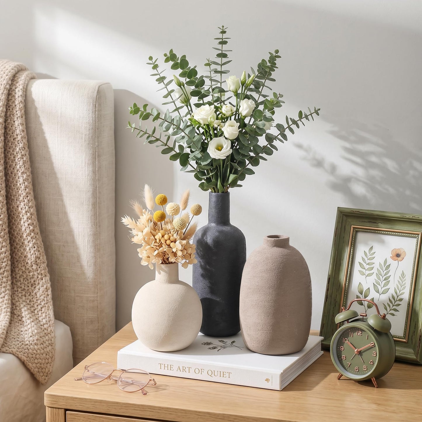 Ceramic Vase Set, Rustic Distressed Large Flower Vases in Pottery Decor, Modern Boho Farmhouse Decor for Pampa Grass, Dried & Fresh Flowers, Decorative Vase for Living Room, Kitchen, Entryway, Black