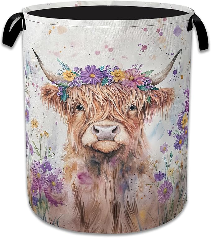 Highland Cow Laundry Basket, Foldable Oxford Cloth Flower Funny Laundry Hamper