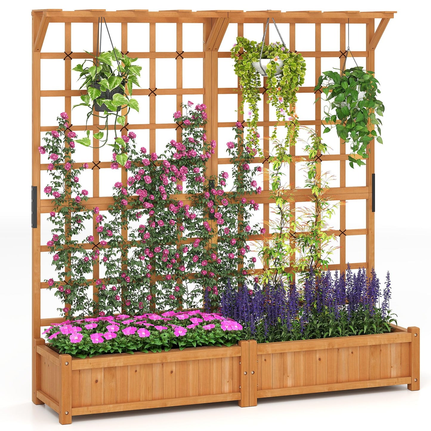 Giantex Large Raised Garden Bed with Trellis & Roof, 72" Wooden Garden Bed, High Trellis for Plant Flower Climbing Pot Hanging, Indoor & Outdoor Planter Box for Yard, Garden, Balcony