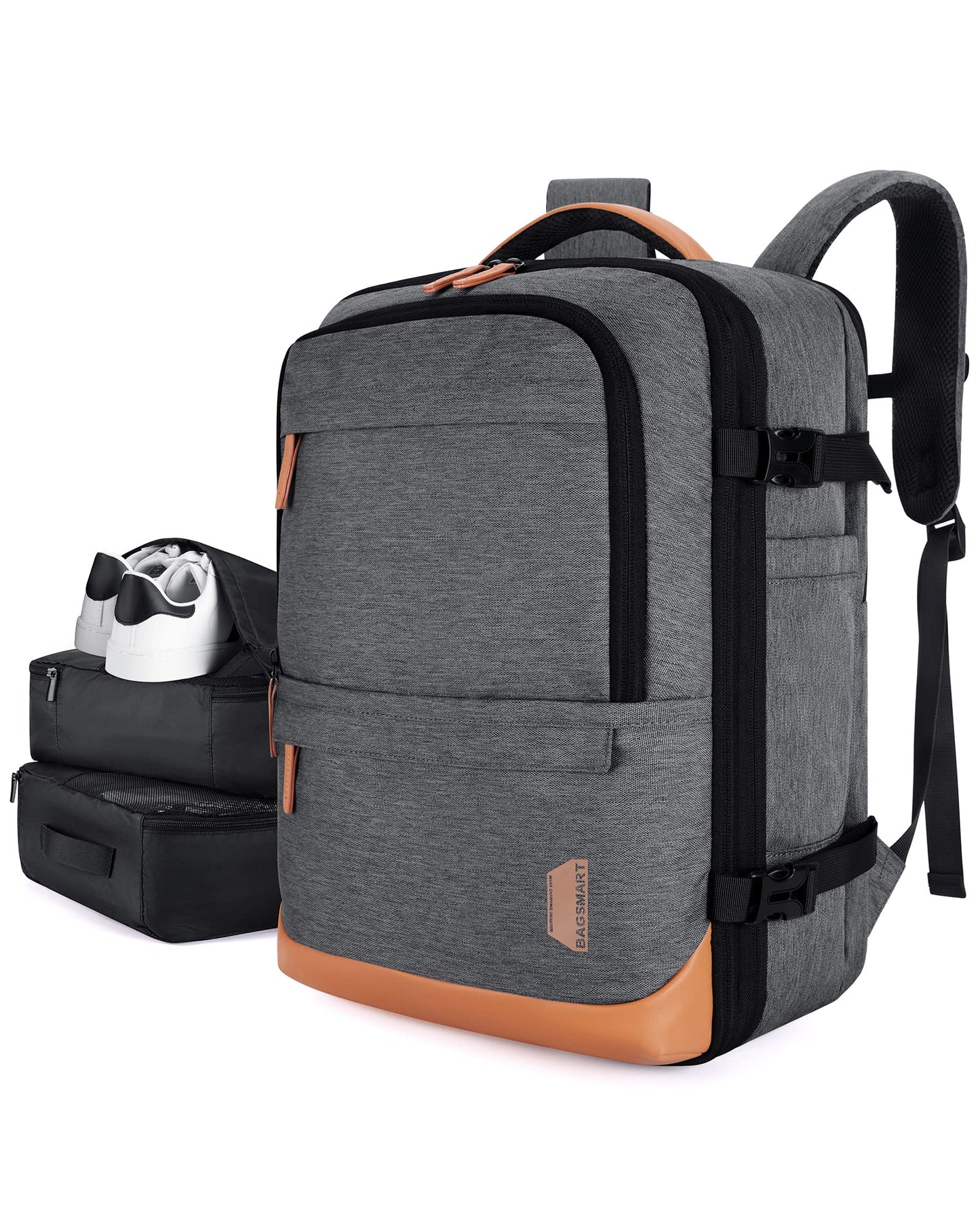 BAGSMART Compression Travel Backpack, 40L Expandable Airline Approved Carry On Backpack with Packing Cubes, Water Resistant Weekender Backpack Fits 17 Inch laptop, Luggage Daypack with Shoe Bag, Grey