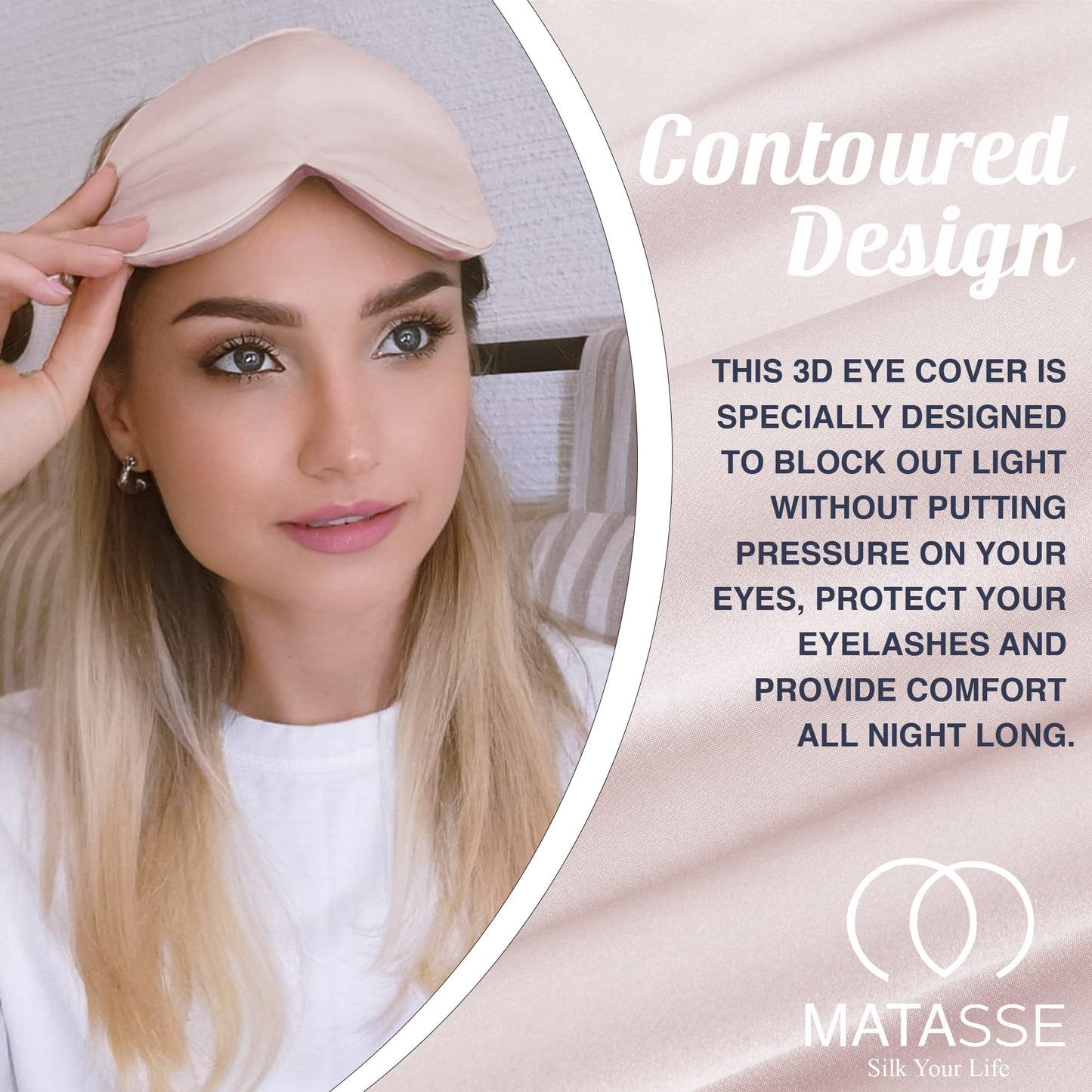 MATASSE Silk Eye Mask for Sleeping with Adjustable Elastic Band - 3D Contoured, Eye Cover Sleep Mask w/Genuine Mulberry Silk Including The Strap for Women, Men (Black)