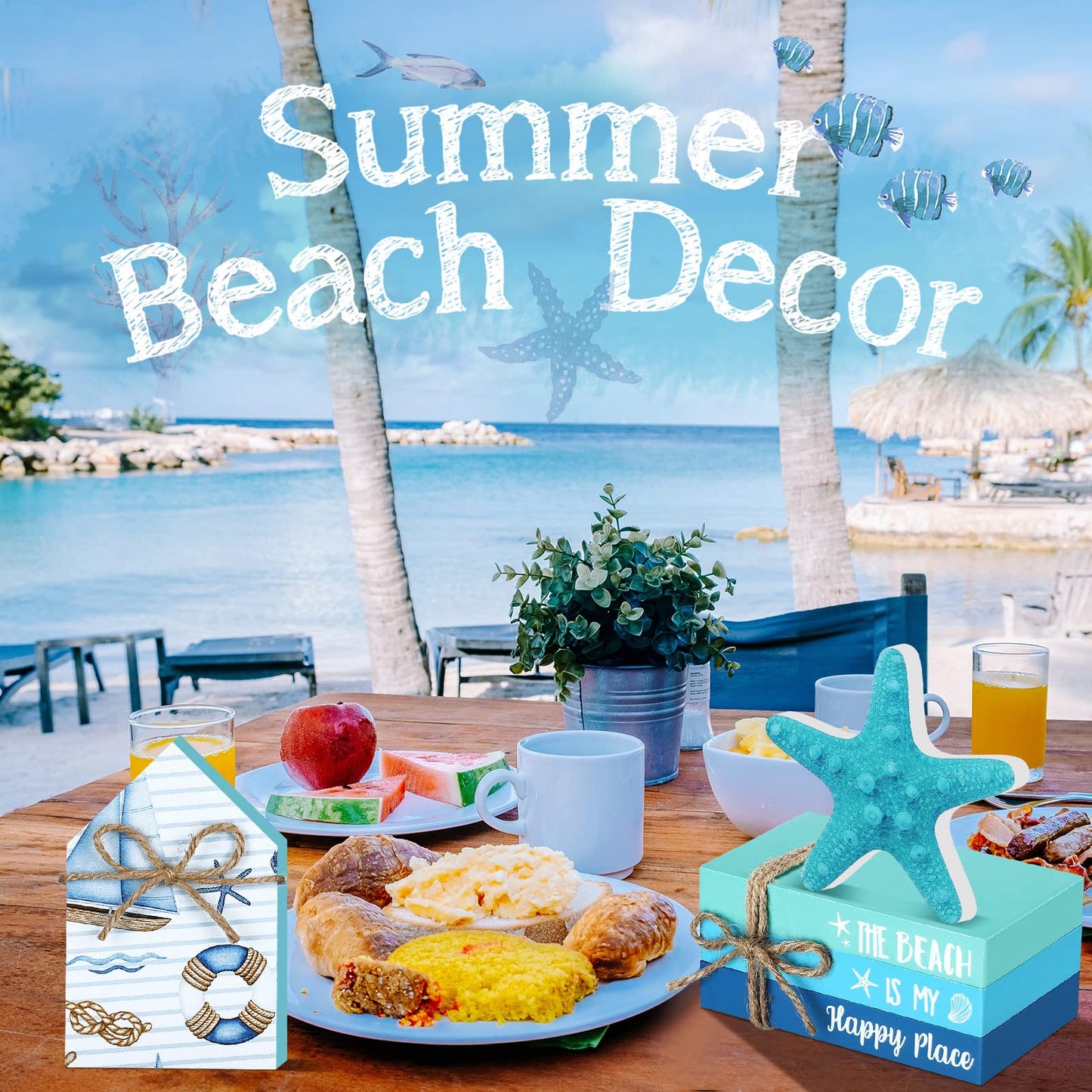 Blulu 5 Pcs Summer Beach Wooden Tabletop Decor, Coastal Ocean Blue Decorations for Home, Wood Starfish Decor, Stay Salty House Signs & Faux Book Stack, Nautical Table Centerpieces for Bedroom Desk