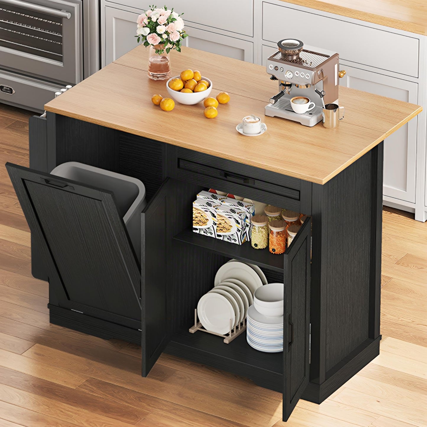 YITAHOME 50 Inch Rolling Kitchen Island with Trash Can Storage, Portable Mobile Islands Table with Drop Leaf, Floating Kitchen Butcher Block Cart on Wheels, Fits 13 Gallon Garbage Bin, Black