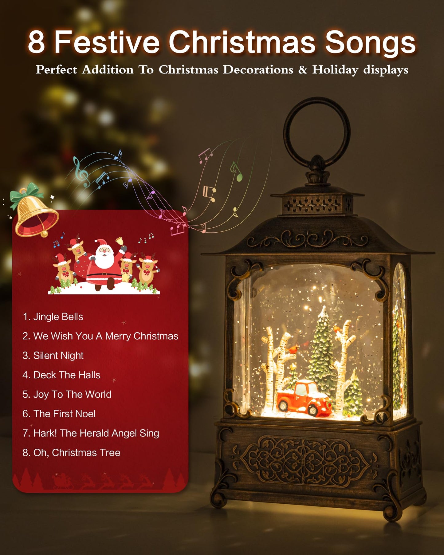 Christmas Snow Globes Light up Snowglobes Christmas Lantern with 8 Songs, 10.43" Christmas Snow Globes for kids adults, 6H Timer & Dual Power, Lighted Christmas Decorations Indoor, Gifts for Women Men