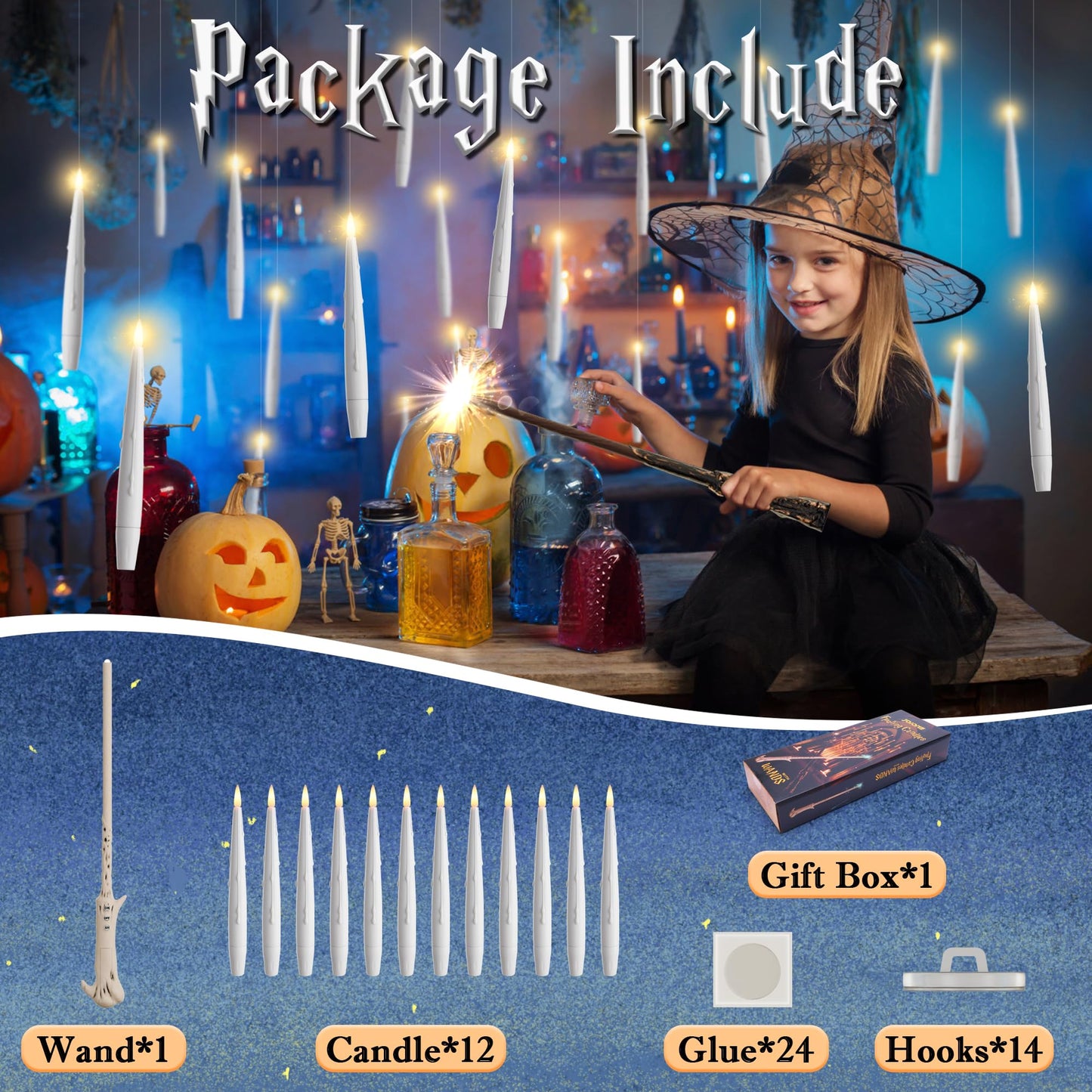 JOIONE Floating Candles with Wand, 12 Pack Hanging Candles with Magic Wand Remote, Battery Powered Floating Candles with Wand, Flameless Magic Hanging Taper Candles for Xmas Halloween Decor, White