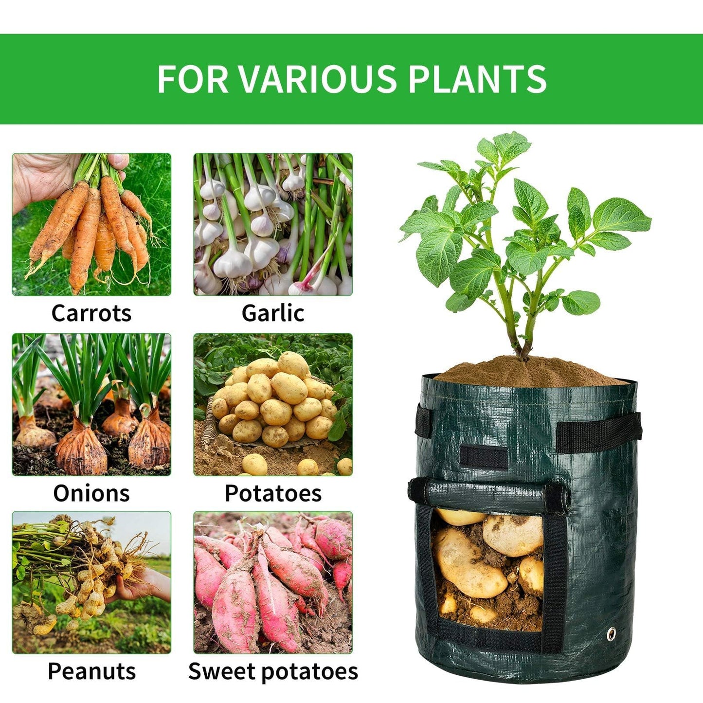 iPower Potato Grow Bags 10 Gallon 4 Pack with Flap, Sturdy Handles and Harvest Windows, Thick PE Fabric Planter Pots for Potato, Tomato, Carrot, Onion, Carrot, Vegetable and Fruits, Green