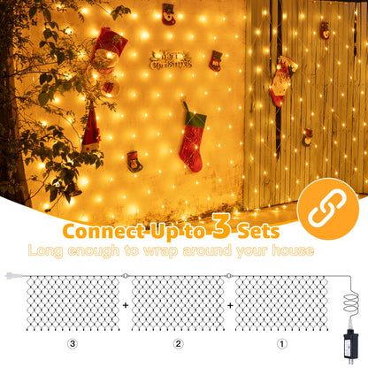 Ollny Net Lights Outdoor Mesh Light 10x7ft, 210LED Clear Wire Connectable Christmas Net Lights with 8 Modes, IP67 Waterproof Bush Light for Tree Wall Ceiling Outside Decorations, Warm White