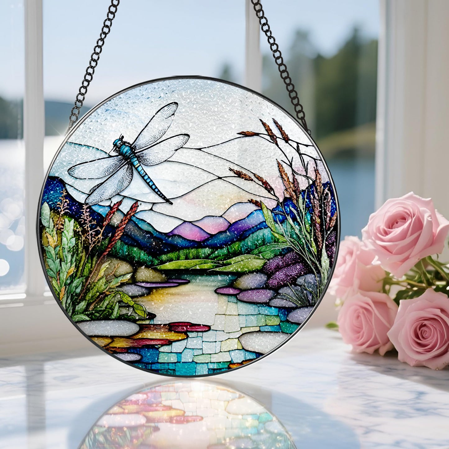 8 Inch Stained Glass Suncatcher Ornament, DOUHASU Dragonfly Sun Catchers Indoor Window, Stained Glass Window Hanging, Home Decor, Dragonfly Lovers Gifts for Her, Women, Mom, Wife