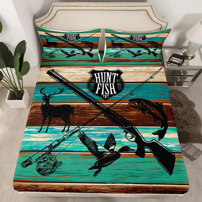 Kids Wild Animal Hunting Fitted Sheet Set Full Size 4pcs,Hunt Fish Themed Retro Bedding Sets(1 Fitted, 1 Flat, 2 Pillowcases) Farmhouse Rustic Wooden Board Luxury Deep Pocket Bed Sheets, Modern