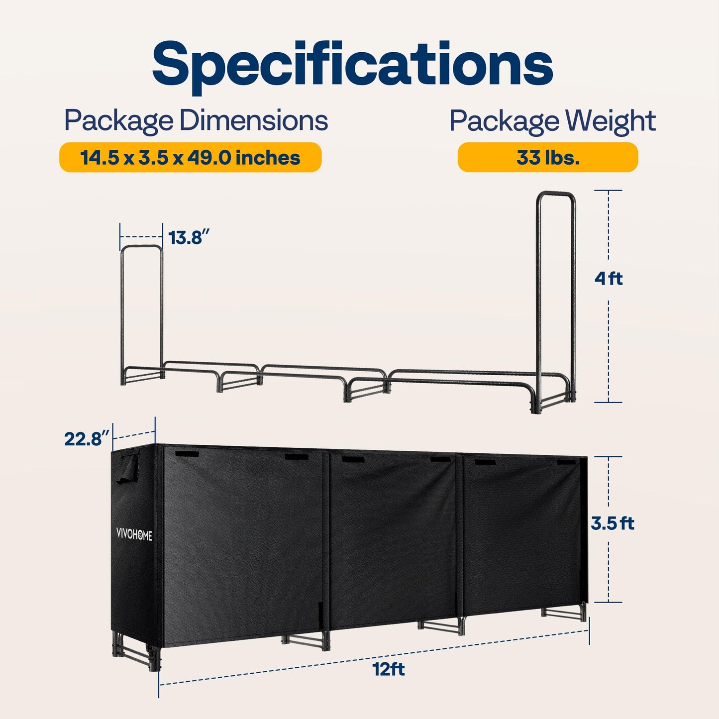VIVOHOME 12ft Firewood Log Rack Cover, Heavy Duty 600D Oxford, Double Layer Outdoor Weather Resistant with 12 ft Heavy Duty Firewood Rack Outdoor with Cover, Fire Wood Storage Rack