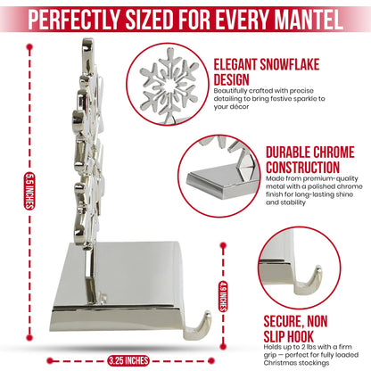 Iconikal 4-Pack Stocking Holders Christmas Chrome Metal Snowflake Weighted for Mantle, Holiday Fireplace Hangers