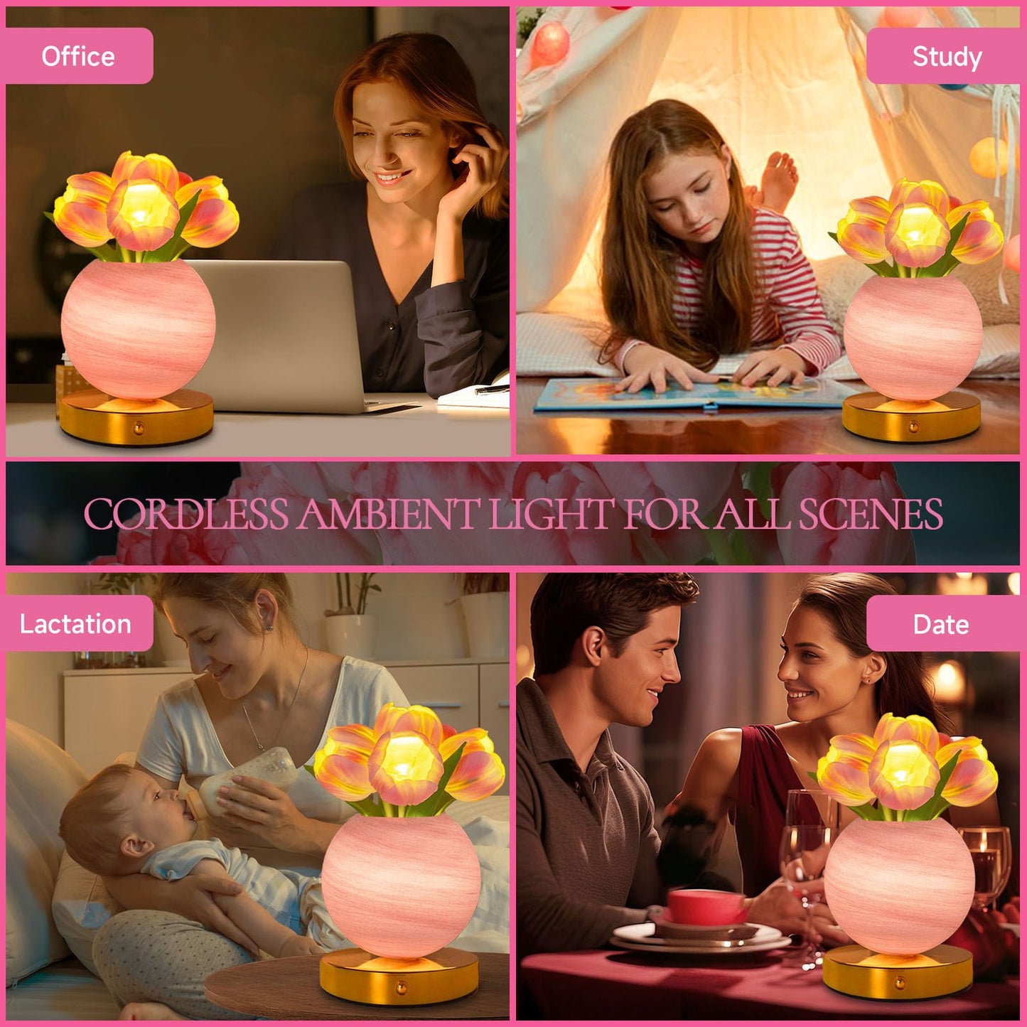 Strackvial Tulip Table Lamp, Rechargeable Cordless Touch Dimming Artificial Tulip Flower Desk Lamp, LED Flower Bedside Night Light Romantic Gifts for Girl Women Mom (Pink Tulip)
