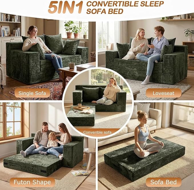 Loveseat Sofa Bed, Convertible Silky Velvet 5-in-1 Foldable Boneless Sleeper
