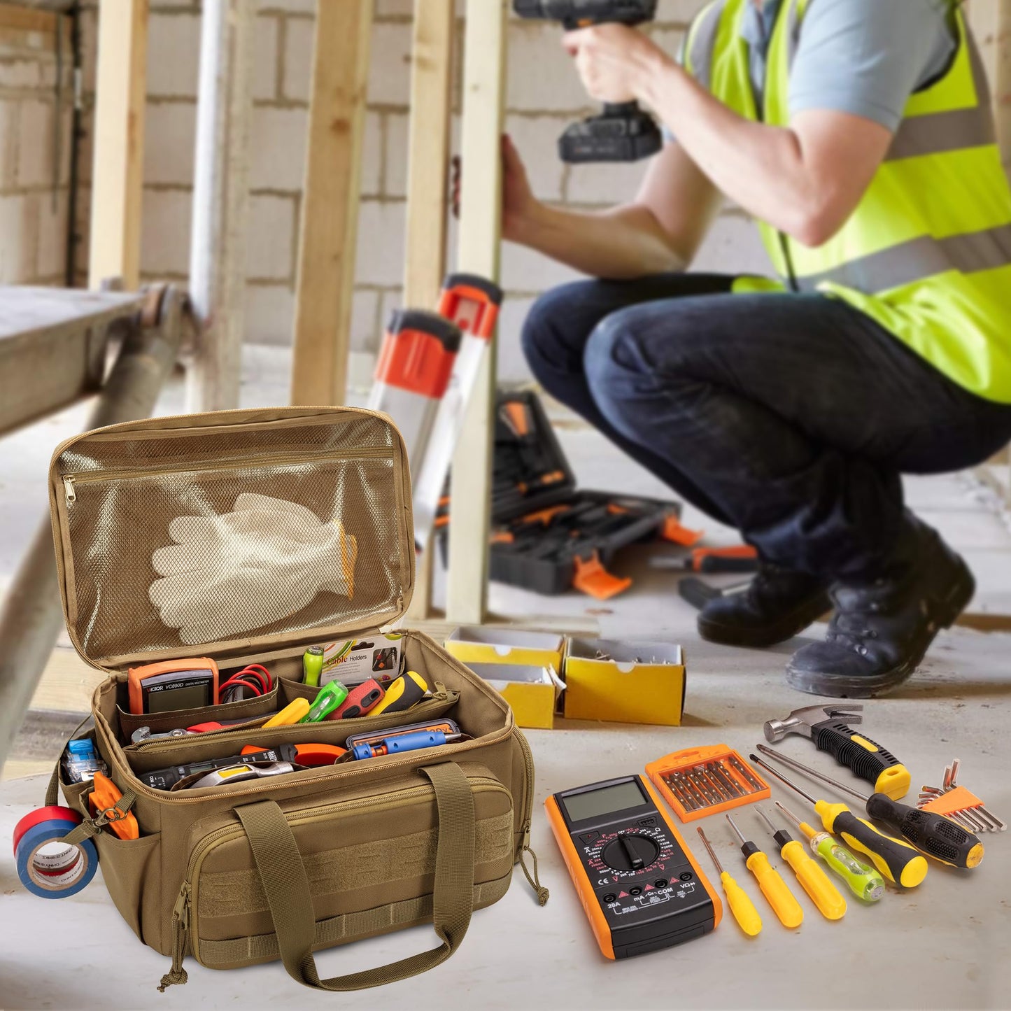 Rexmica 14-Inch Tool Bag with Anti-friction Bottom, Hand Tool Storage Organizer for Men, Tactical Range Bag, Multi-purpose Work Tote for Repairman, Carpenters, Handyman, Khaki