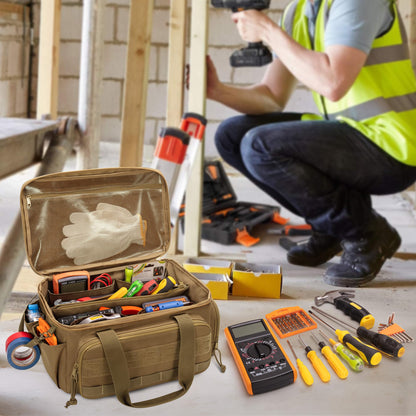 Rexmica 14-Inch Tool Bag with Anti-friction Bottom, Hand Tool Storage Organizer for Men, Tactical Range Bag, Multi-purpose Work Tote for Repairman, Carpenters, Handyman, Khaki