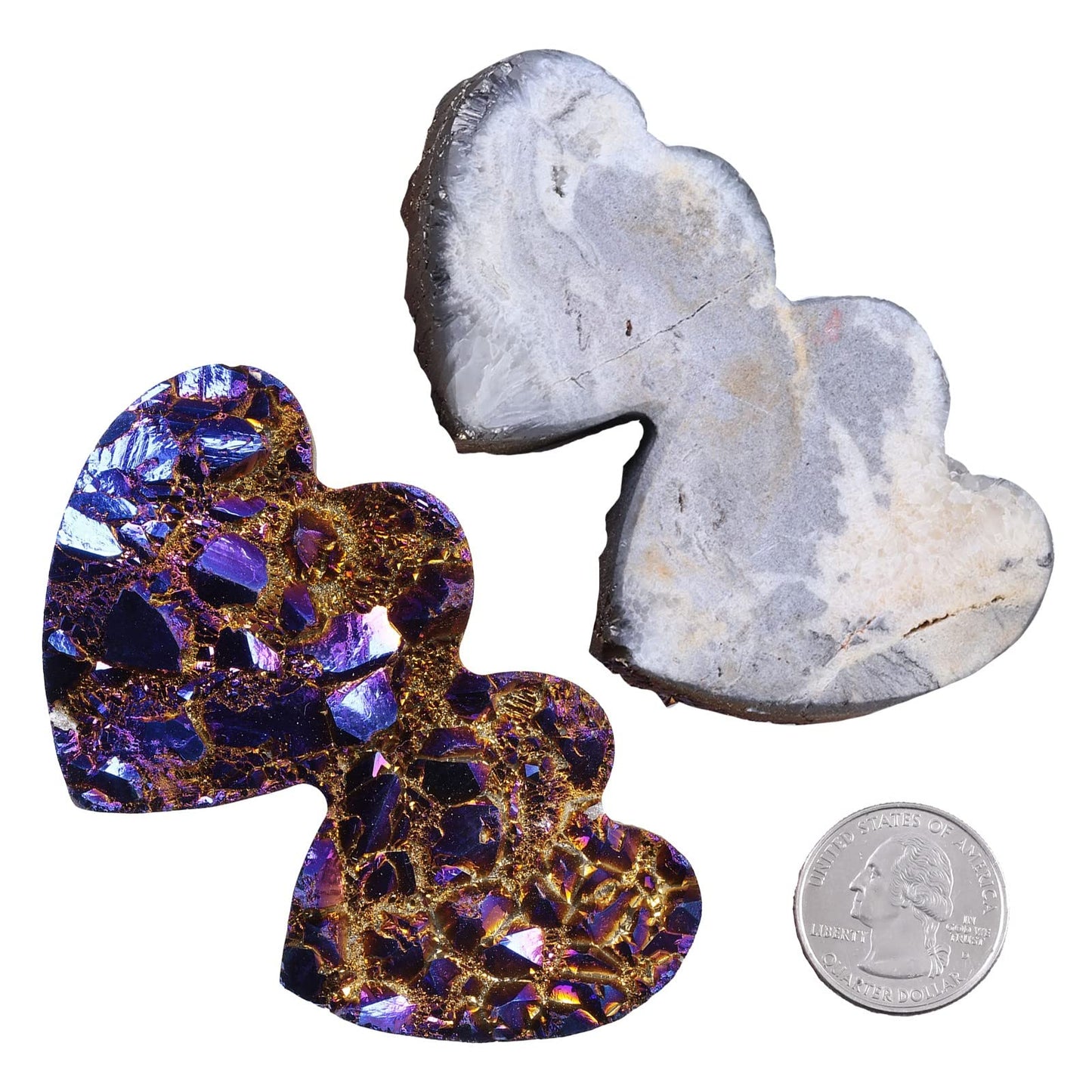 SUNYIK Double Heart Shaped Titanium Coated Cluster Specimen Natural Rock Crystal Stone Decoration Reiki Healing, Meditation for Valentine's Day, Purple/Gold