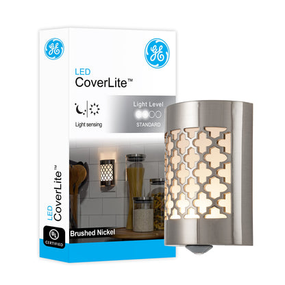 GE CoverLite LED Night Light, Plug-In, Dusk to Dawn Sensor, Home Decor, LED Lights for Bedroom, Bathroom, Kitchen, Hallway, 2 Pack, 46815, Brushed Nickel | Moroccan