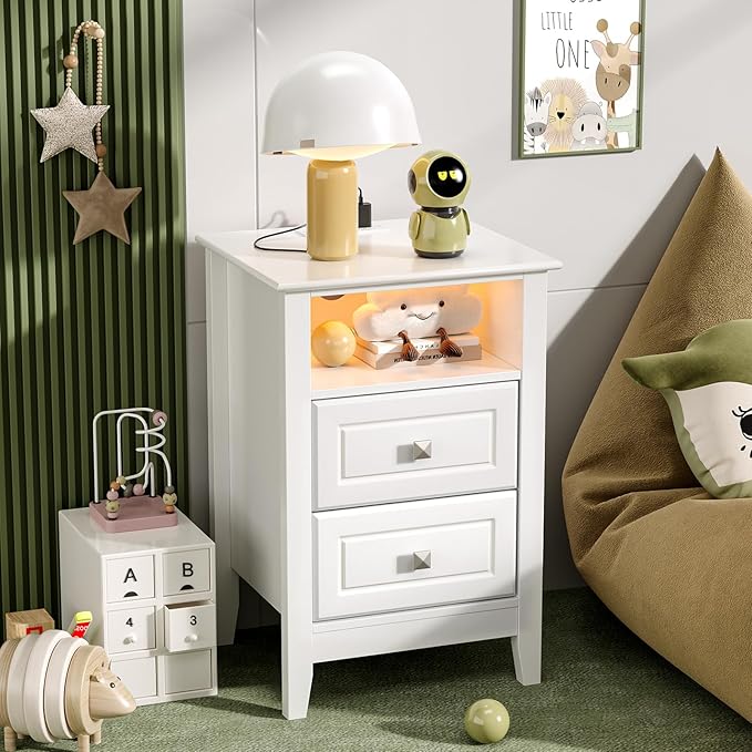 Bonnlo White Night Stand with Charging Station, Led Nightstand White Wood