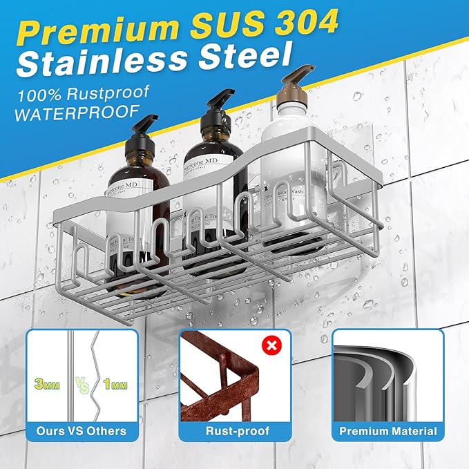 EUDELE 5-Pack Rustproof Stainless Steel Shower Caddy – No Drill Adhesive