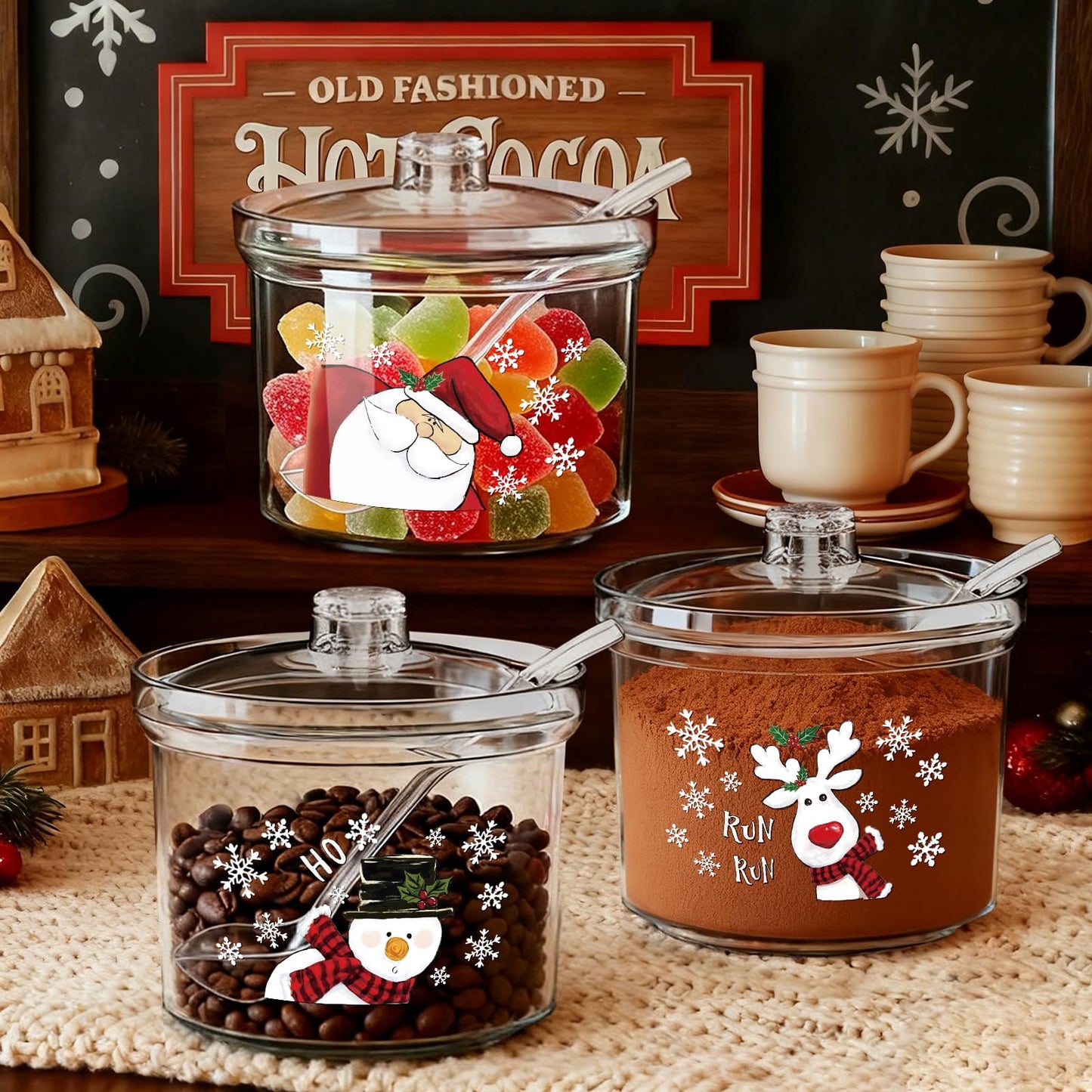 FYSUIMU 3Pcs Christmas Hot Cocoa Bar Supplies with Lid Spoon 6.8 Oz Acrylic Sugar Bowl Santa Snowman Reindeer Xmas Candy Jar Clear Kitchen Storage Container for Home Coffee Bar Holiday Party