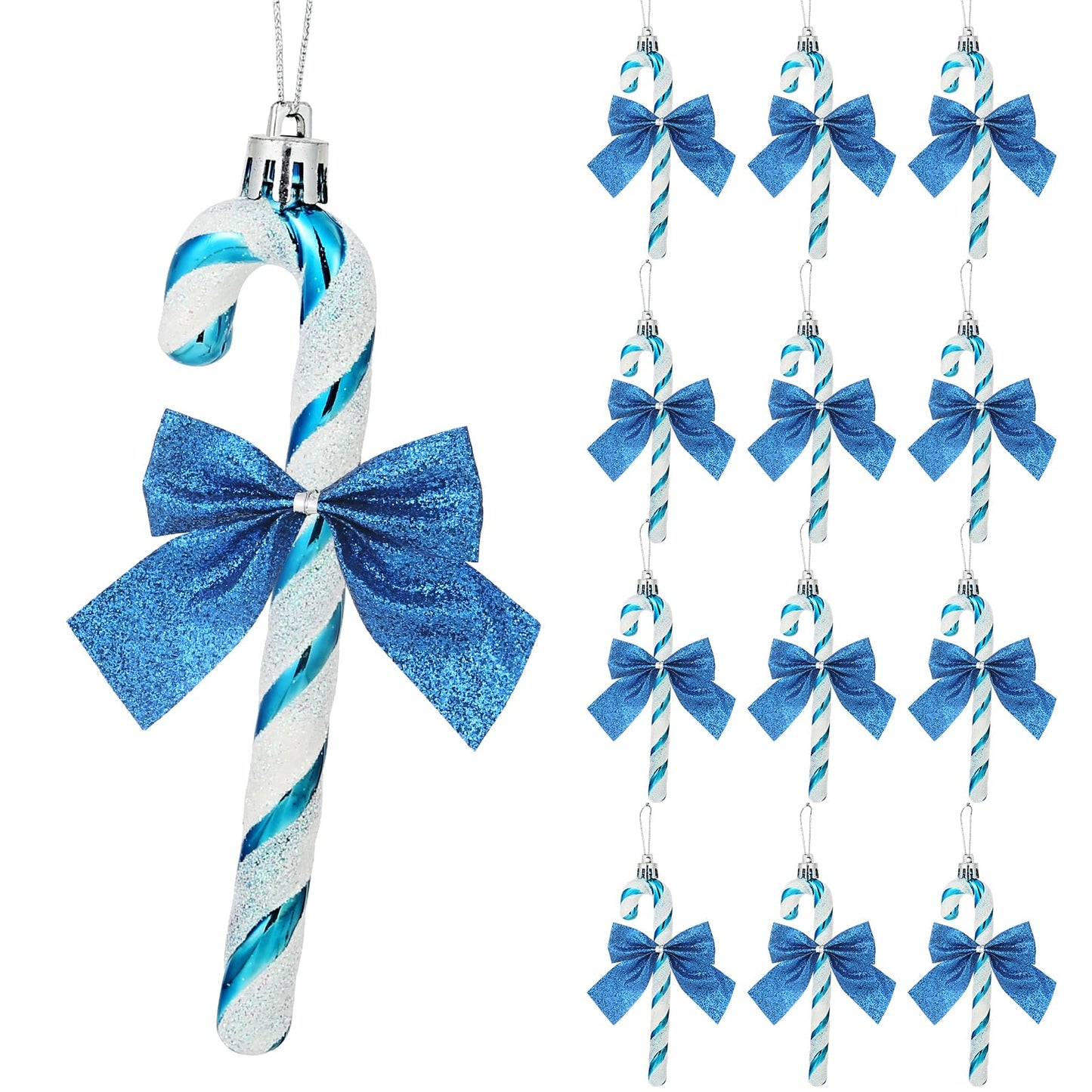 FYFLED Candy Cane Christmas Tree Decorations - 12 Pcs Candy Cane Ornaments for Tree, Glitter Candy Cane Bows for Xmas Tree Hanging Ornament Festival Party Home Decor, Blue