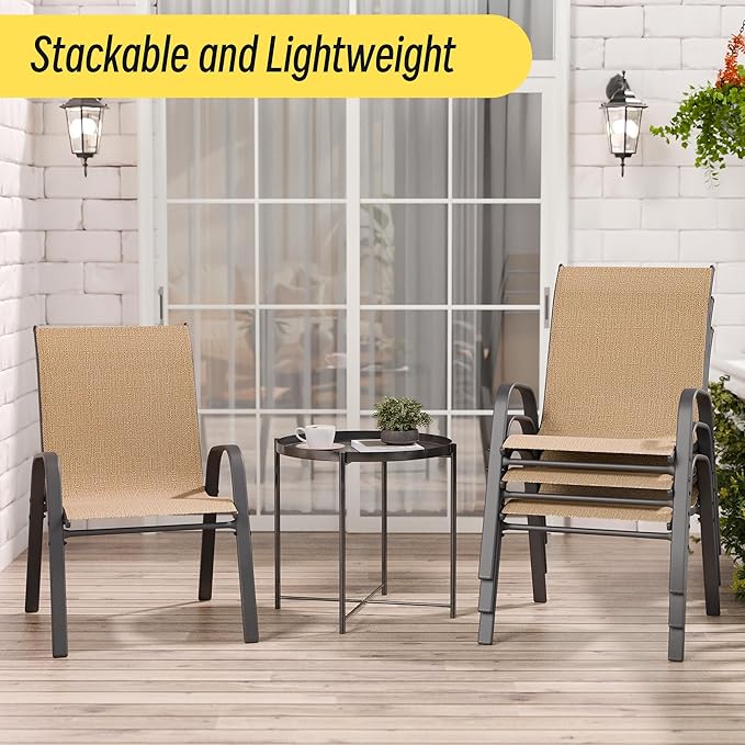 Betterhood Patio Chairs Set of 2, Stackable Outdoor Dining Chairs Set with Breathable Seat Fabric, All-Weather Powder-Coated Metal Frame for Deck, Pool Side and Backyard, 350LBS Capacity (Khaki)