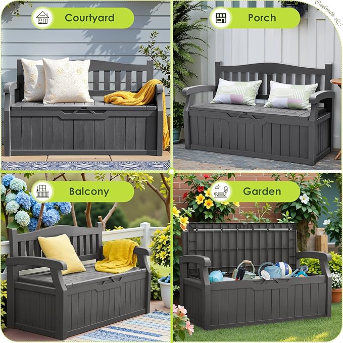 Greesum 80 Gallon Outdoor Storage Bench, Resin Patio Furniture with Armrest,Waterproof and UV-Resistant, Perfect to Garden, Poolside and Lawn, Dark Grey