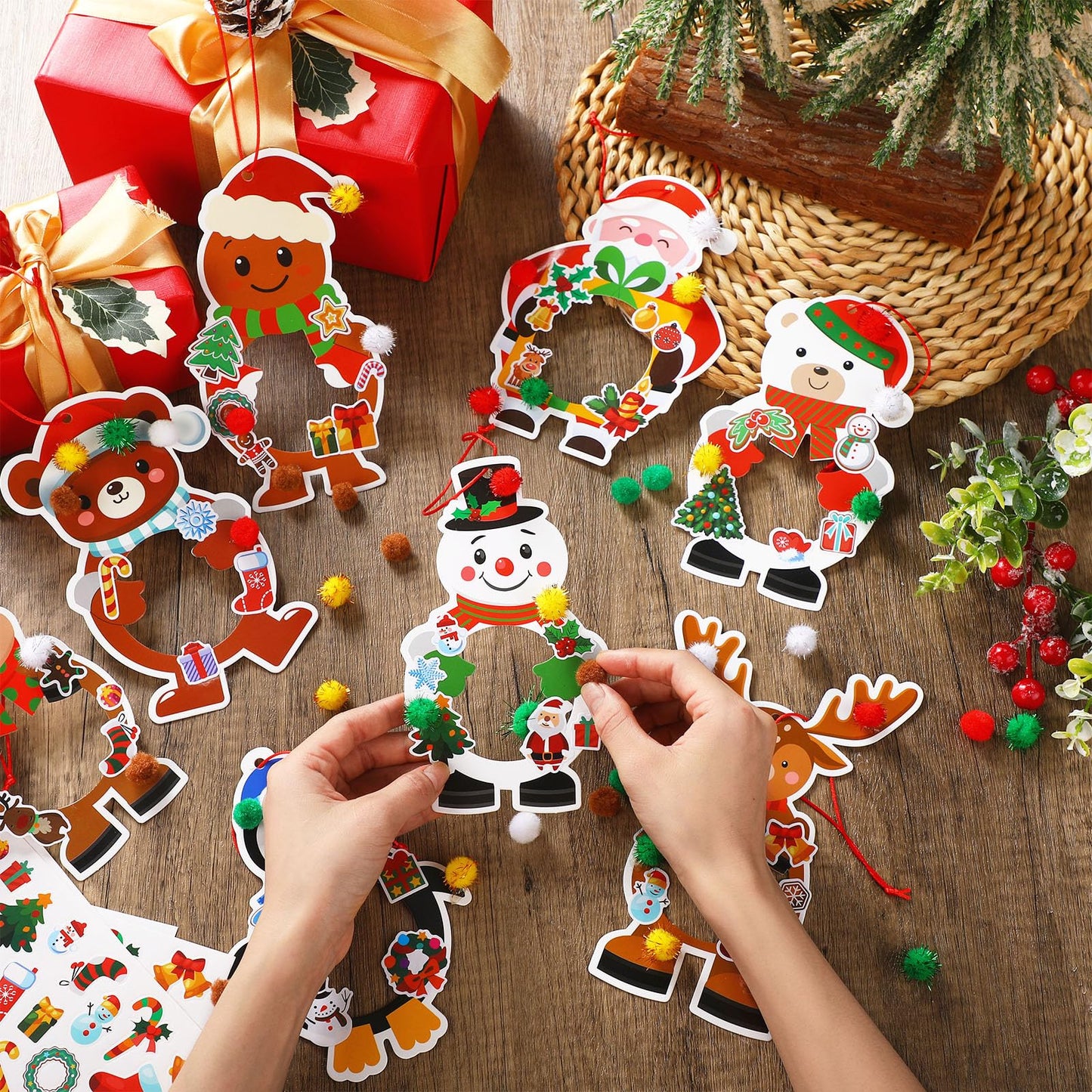 Qunclay 48 Pack Christmas Picture Frame Ornament Craft Kits, Paper DIY Photo Frame Craft with Stickers Gingerbread Snowman Reindeer Hanging Decorations for Home Christmas Tree Holiday Decor