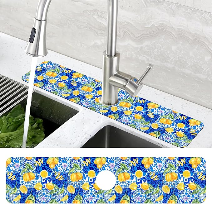 Blue Tiles and Yellow Lemon Sink Faucet Absorbing Mat Sink Splash Guard Faucet