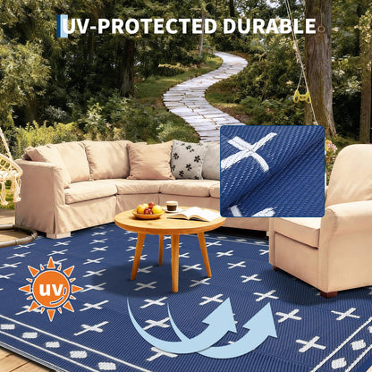 Garvee Large 9x18 Outdoor Area Rug, Waterproof Plastic Straw Mat with Framed Geometric Design for RV Awning, Patio, Deck, Garden, Camping, Beach and Backyard,Dark Blue