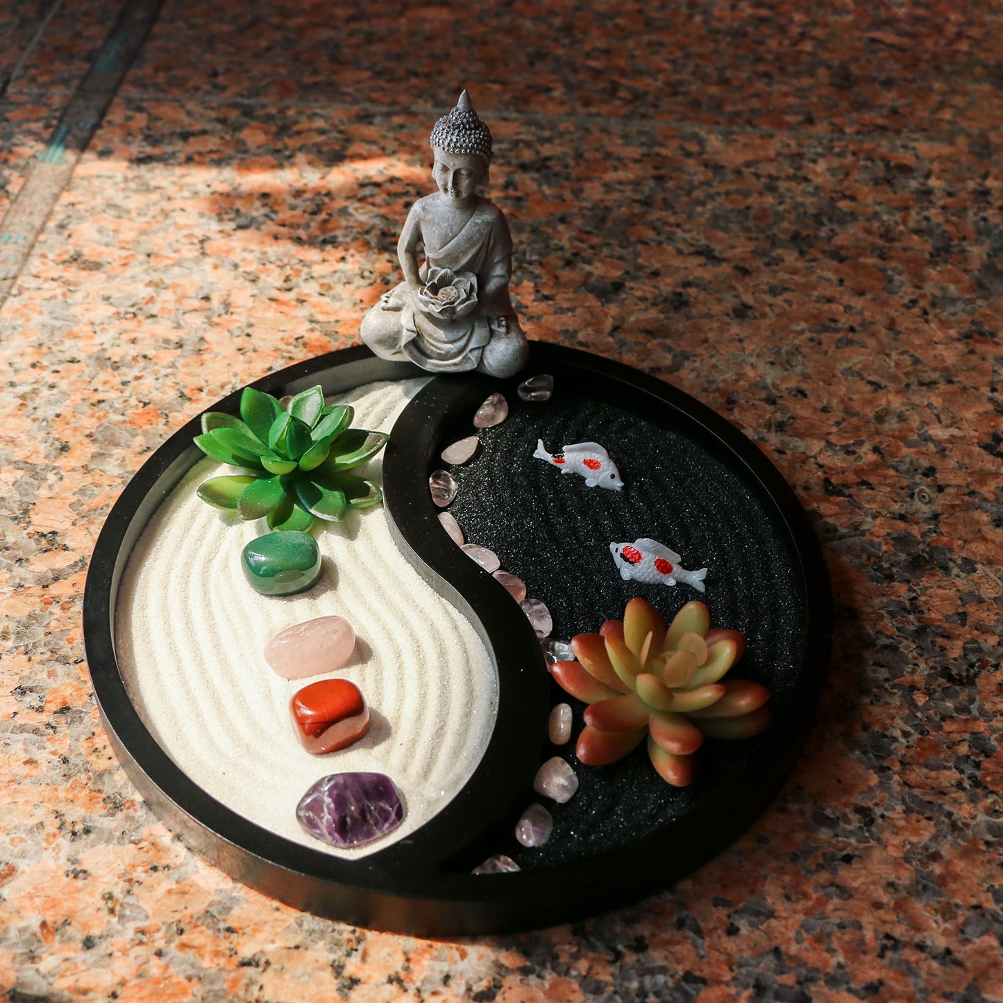 BangBangDa Buddha Meditation Zen Garden Kit - Home Office Tabletop Taiji Yin Yang Sand Garden Altar Zen Decor Zen Gifts DIY Mini Chakra Crystal Quartz Rock Garden w/Nature Healing Stone Rake Tool