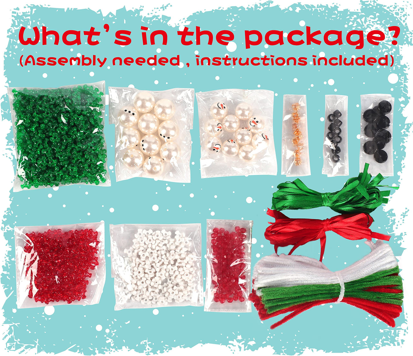 luck sea 40PCS Christmas Crafts Beaded Ornament Kit - Including 10 PCS Snowman,12 PCS Wreath,8PCS Candy Cane,10PCS Lollipop, Xmas Holiday Party Tree Favor Decorations