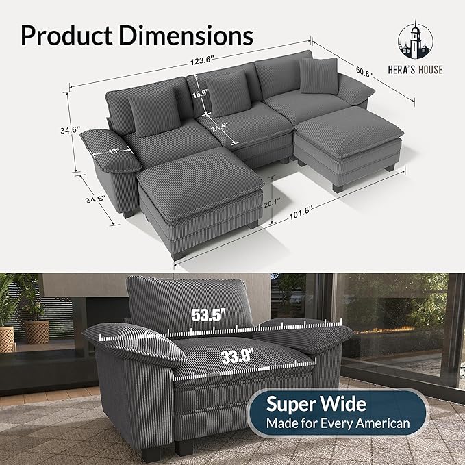HERA'S HOUSE 124" Modular Sectional Sofa, Oversized U Shaped Couches
