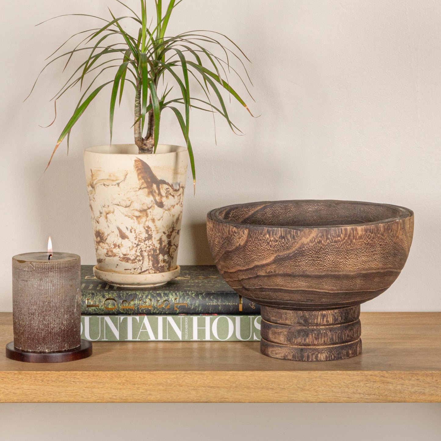 Creative Co-Op Round Paulownia Wood Pedestal Bowl, Marbled Brown Finish