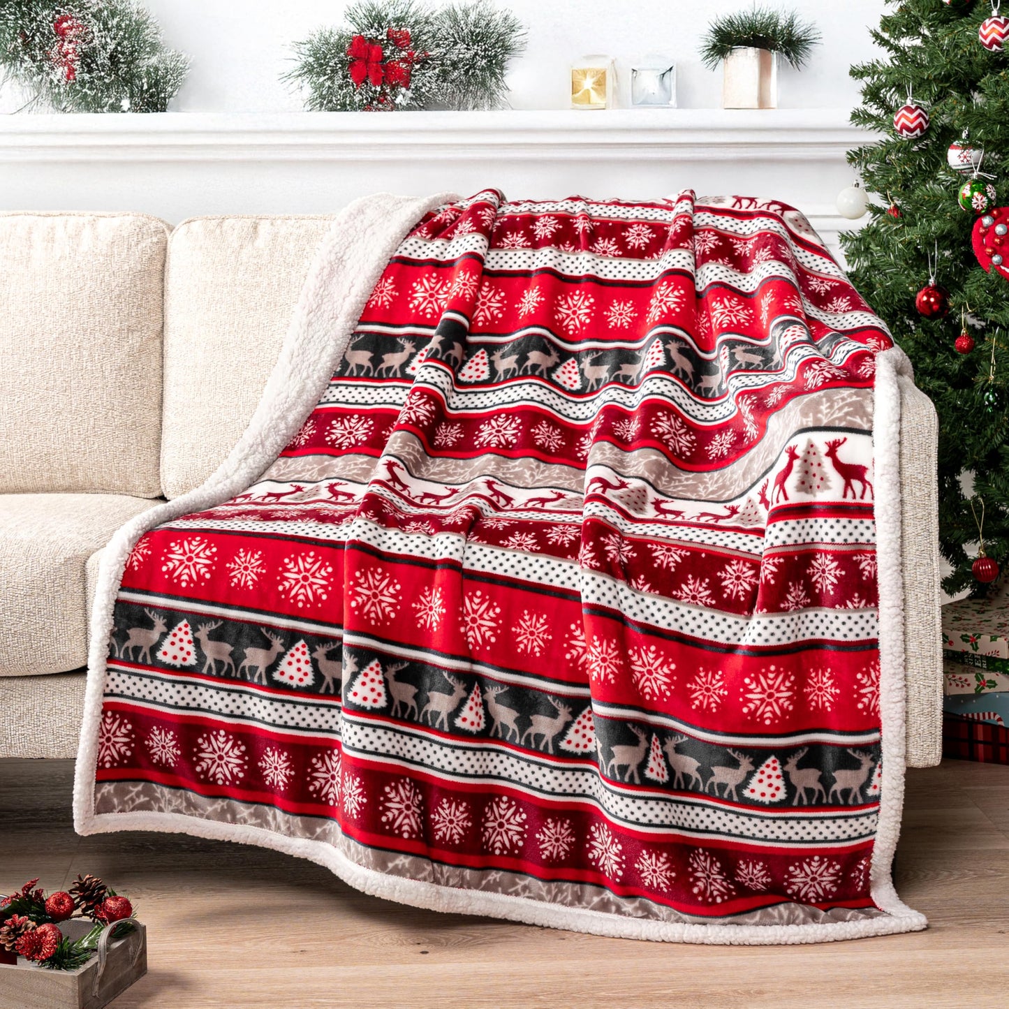 PAVILIA Christmas Sherpa Throw Blanket, Red & White Snowflake, Reindeer, Reversible Fleece & Sherpa Cozy Winter Blanket for Couch & Bed, 50x60, Christmas & Holiday Decor