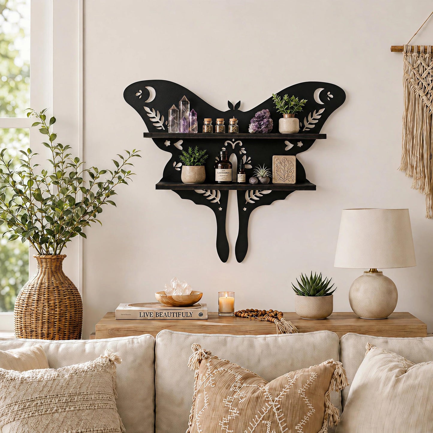 HBSGS Crystal Display Shelf Wall Gothic Shelves with LED Light, Luna Moth Theme, for Trinket, Crystal Rock, Gem, Healing Stone, Essential Oil (Moth-15.7 * 11.8inch/40 * 27.5cm)
