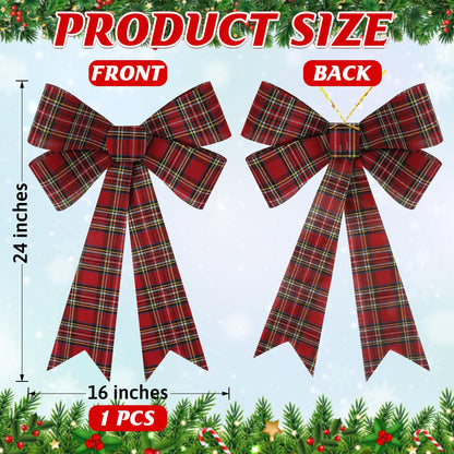 1 PCS Christmas Tree Bows, 9x12 In Large White Black Red Velvet Bows for Christmas Tree, Buffalo Plaid Plastic Big Christmas Bow for Xmas Decorations Wreath Stairs Railing Fireplace Front Door Decor
