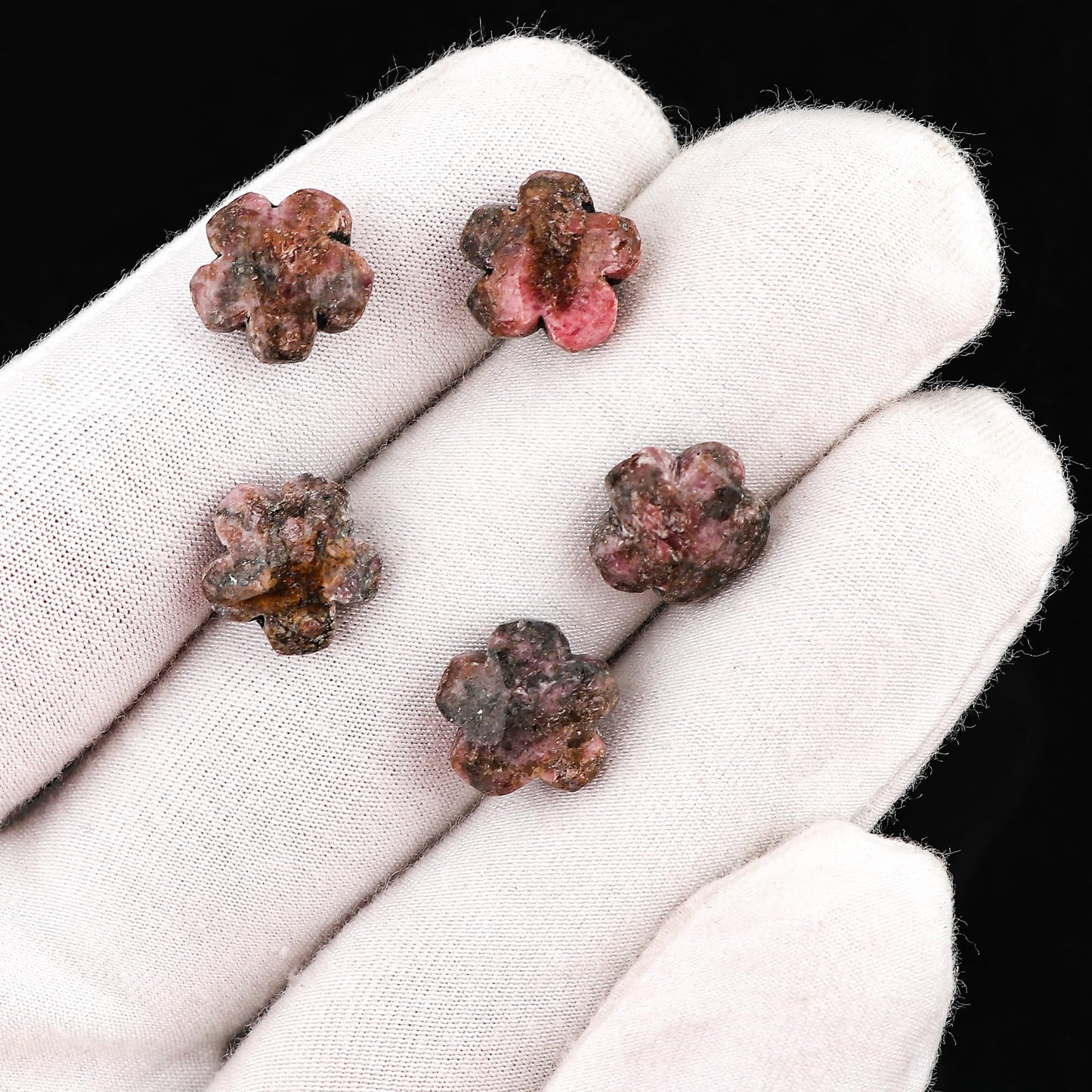 CRYSTALINES 5pcs, Wholesale Natural Rhodonite Gemstones, Bulk Flower Shape Stones, Assorted Loose Supply, DIY Craft-Jewelry Making, Chakra Healing Crystals, Gem Collection, 10-12mm