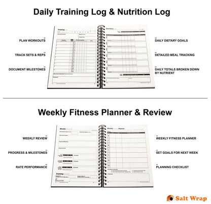 SaltWrap Daily Fitness Planner - Gym Workout Training Log, Weightlifting Exercise Journal, and Food/Diet Tracker - Daily and Weekly Pages, Goal Tracking, Spiral-Bound, 7 x 10 inches