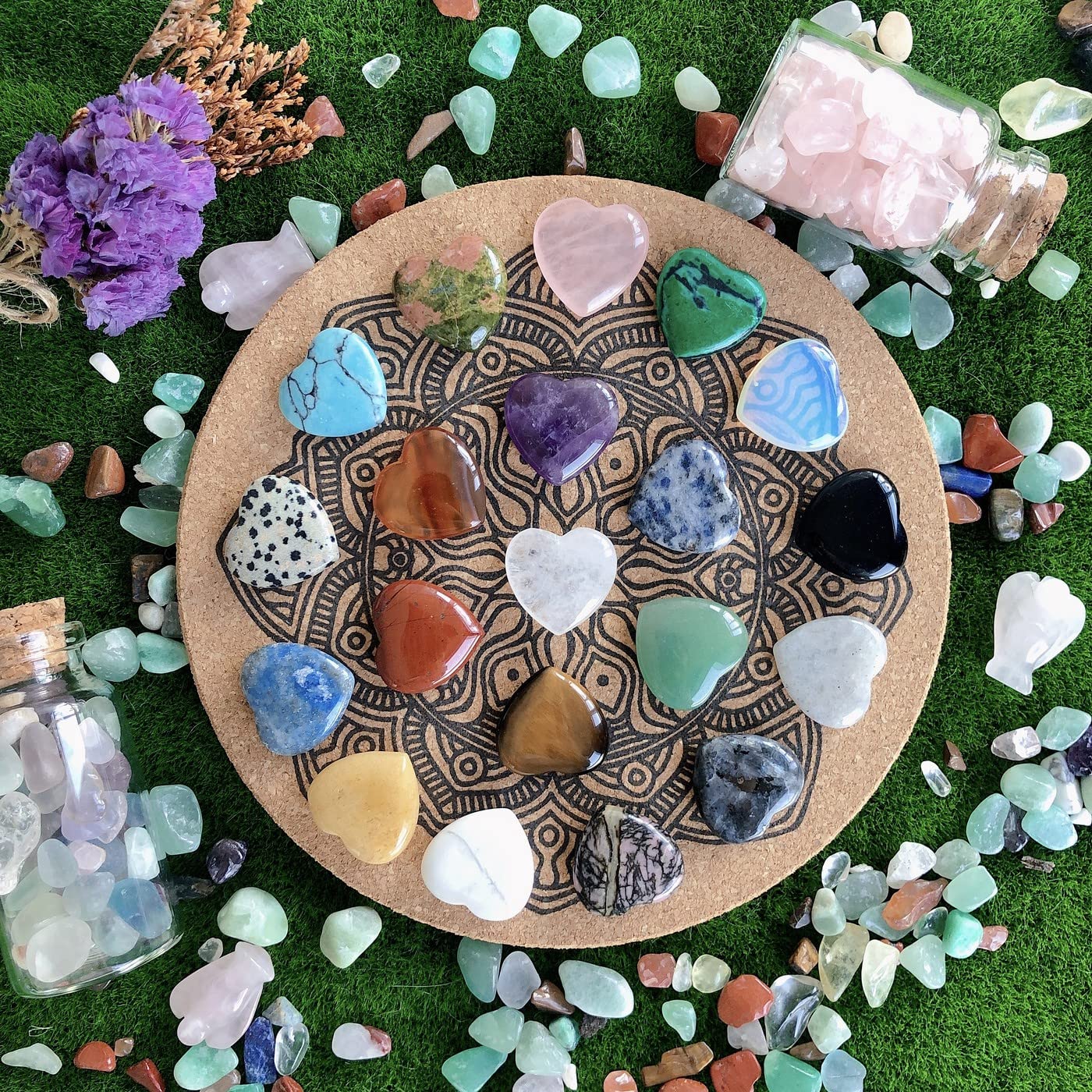 YATOJUZI 20PCS Natural Crystal Hearts Crystals and Healing Stones Heart Gems Gemstones Chakra Pocket Stone Bulk Wholesale Polished Stones Spiritual Gifts for Women Men Valentine's Day Favors