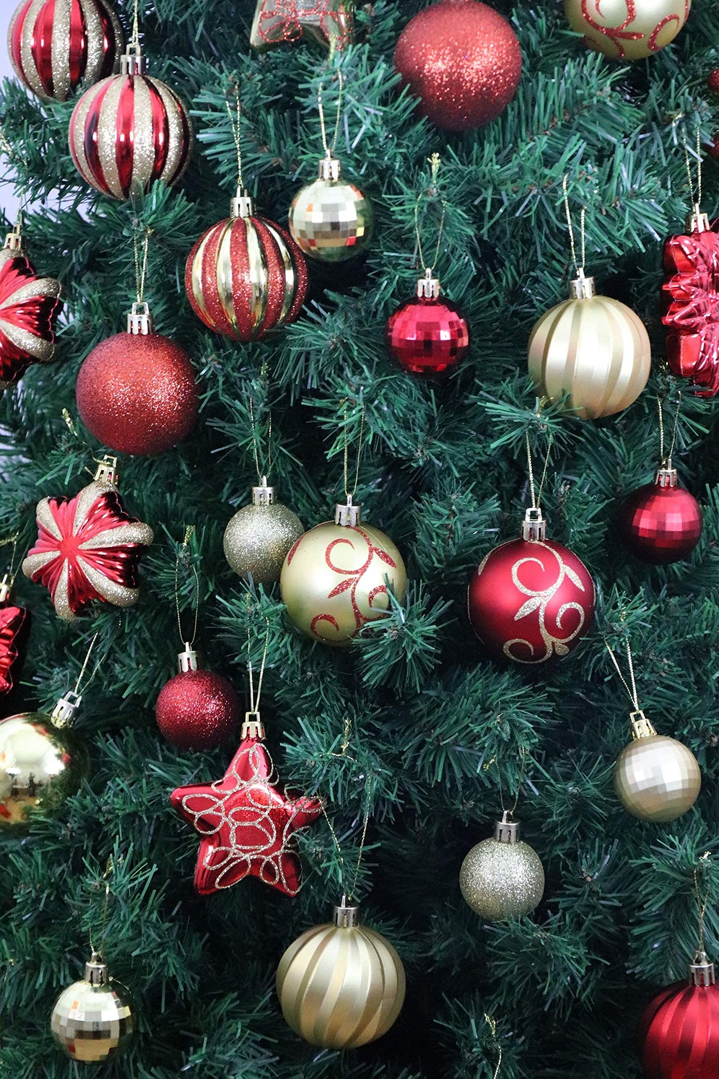 AUXO-FUN 73ct Assorted shatterproof Christmas Ornaments Luxury Collection Set in Reusable Hand-held Gift Package for Christmas Tree Decoration (red & Gold)