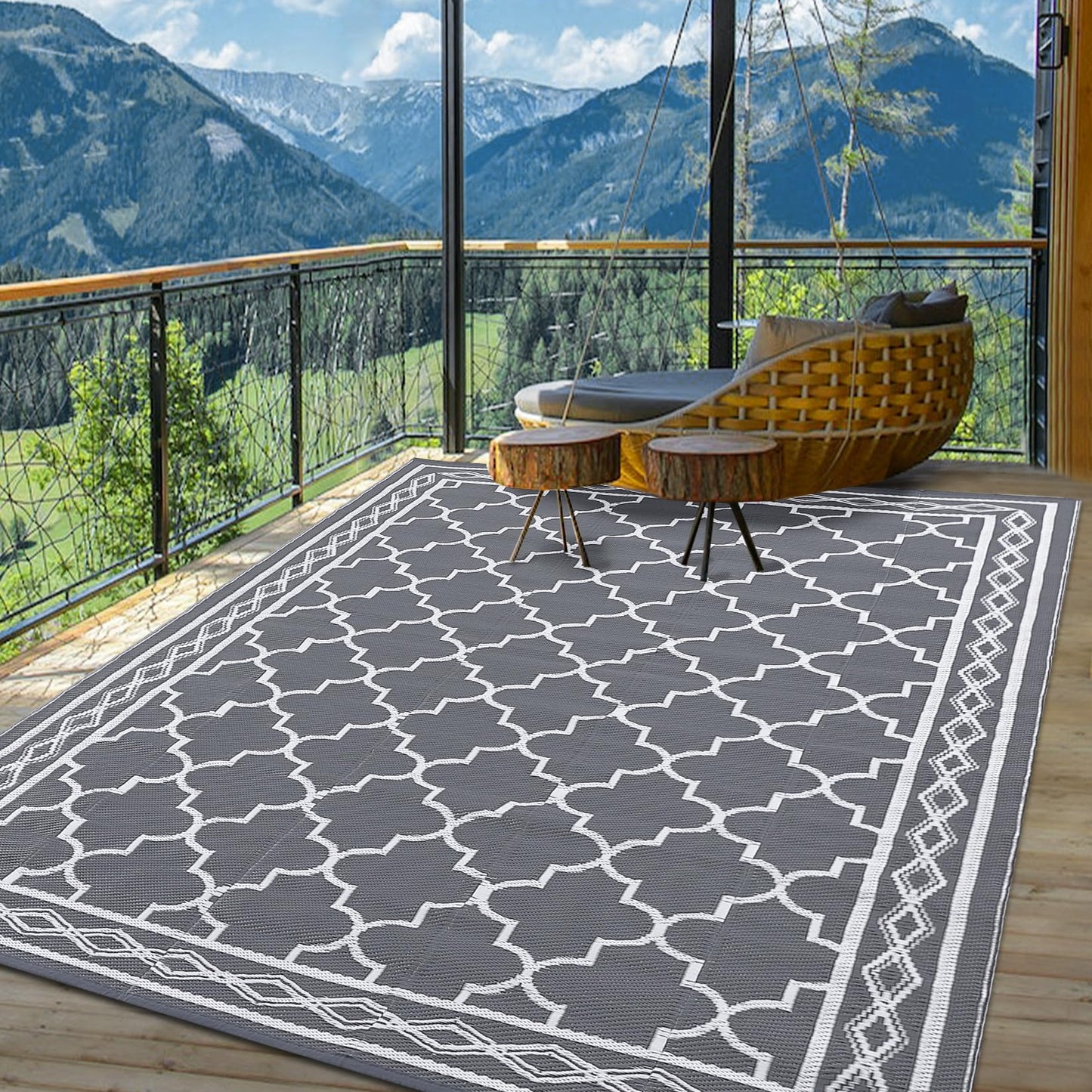 Garvee Outdoor Rug 10'x20' for Patios Clearance, Reversible Outdoor Plastic Straw Waterproof Camping Carpet, Large Area Rugs Patio Mats for Outside RV, Camper, Deck, Porch, Beach, Picnic (Grey/White)
