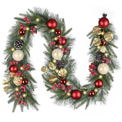 Valery Madelyn 6 Ft Pre-Lit Christmas Garland with Lights for Mantle, Lighted Outdoor Xmas Garland with Red Gold Balls Norfolk Pine for Home Stairs Fireplace Table Centerpiece Indoor Holiday Decor