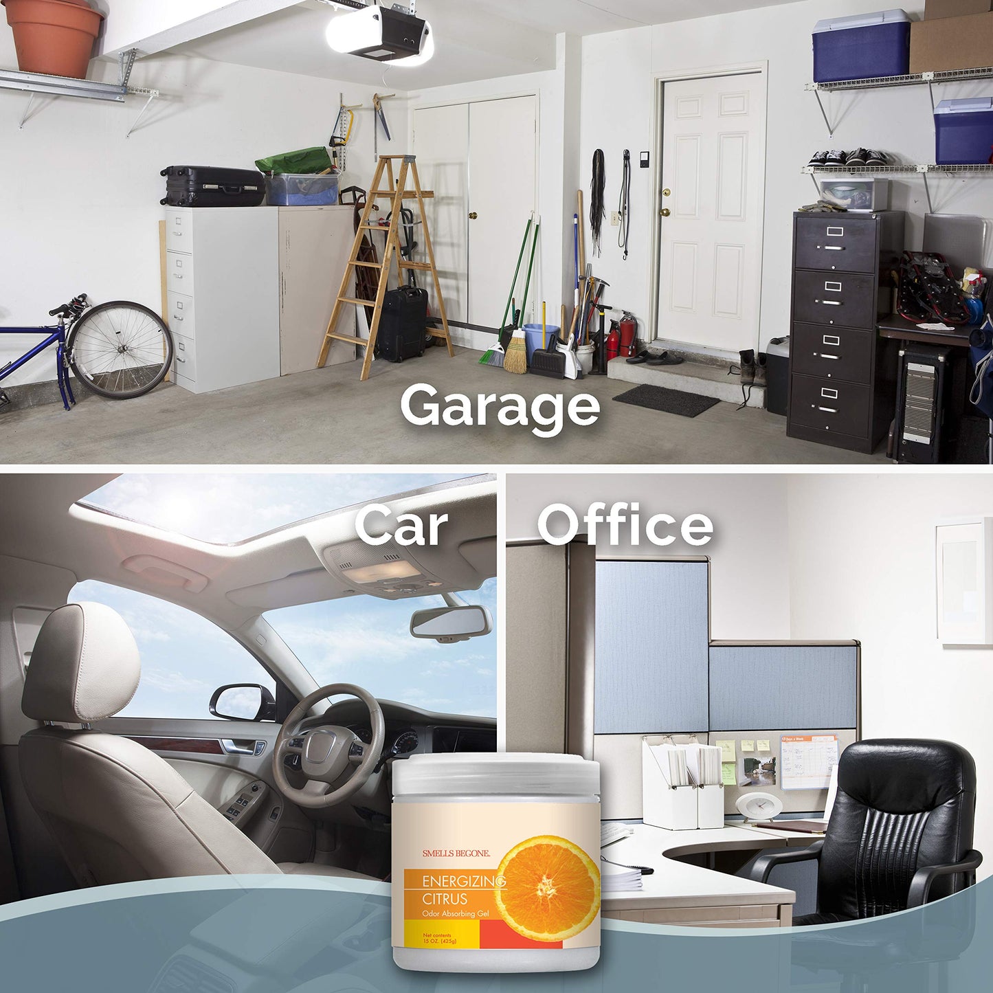 SMELLS BEGONE 15 oz Air Freshener Odor Absorber Gel - Absorbs Odor from Bathrooms, Cars, Pet Areas, Boats & RVs - Made with Essential Oils - Energizing Citrus Scent