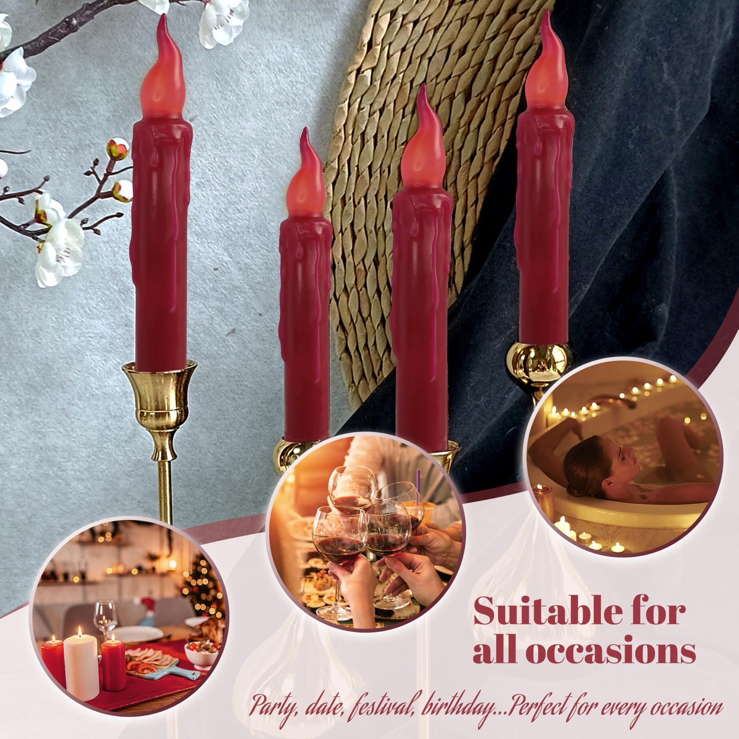Burgundy Flameless Short Taper Candles, Real Wax Hand Dipped Dark Red LED Battery Operated with Remote, Flickering Flame Lights for Festival Home Décor, 6.7 Inch Primitive Flameless Candles, 4PCS