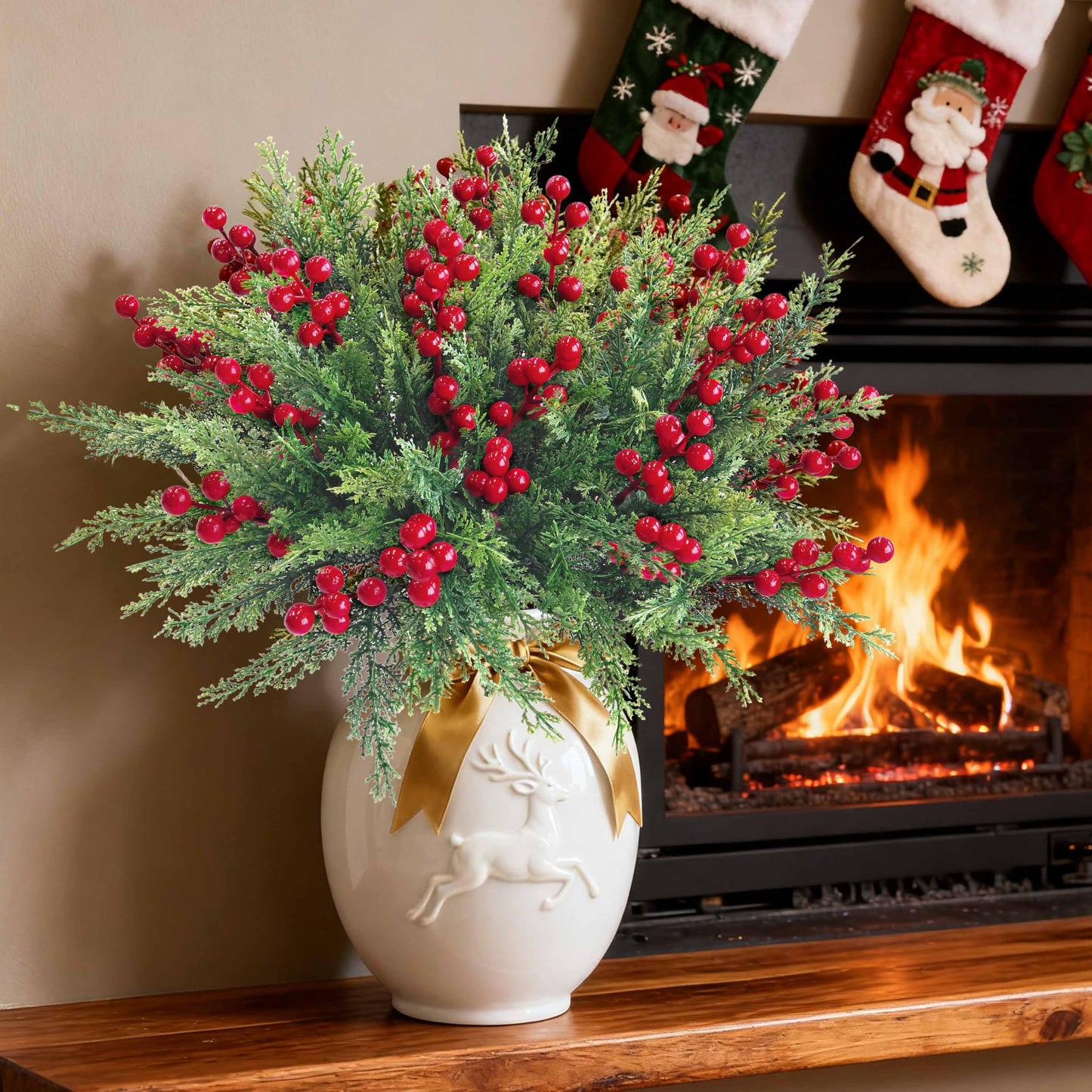 4 Bundles 84 Pcs Christmas Artificial Flowers,Faux Norfolk Pine Branches with Artificial Red Berry Sprigs,Perfect for Christmas Garland and Christmas Table Decorations,Winter Decor,Christmas Picks