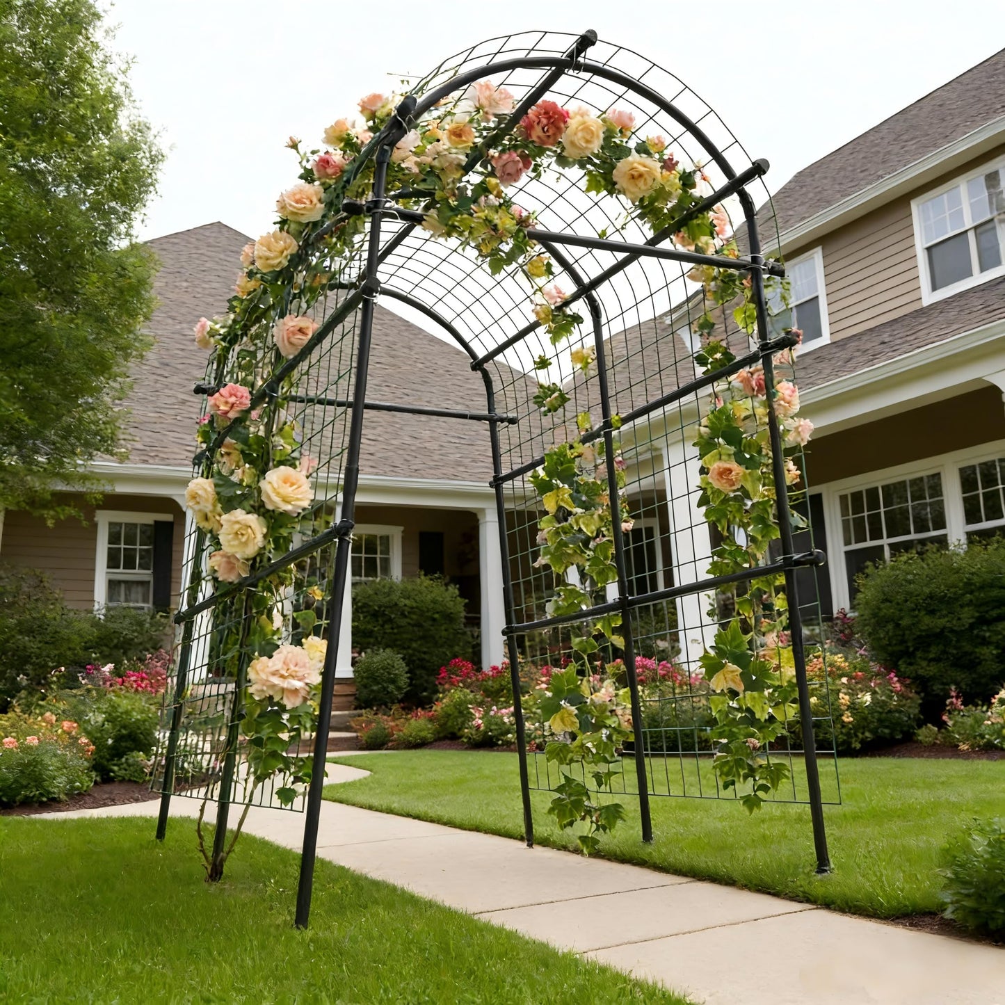 7Ft Adjustable Garden Arch Trellis for Climbing Plants Outdoor, Heavy Duty Rustproof Stainless Steel Cucumber Trellis for Raised Beds, Tall Metal Plant Support for Tomato, Squash, Beans, Flowers