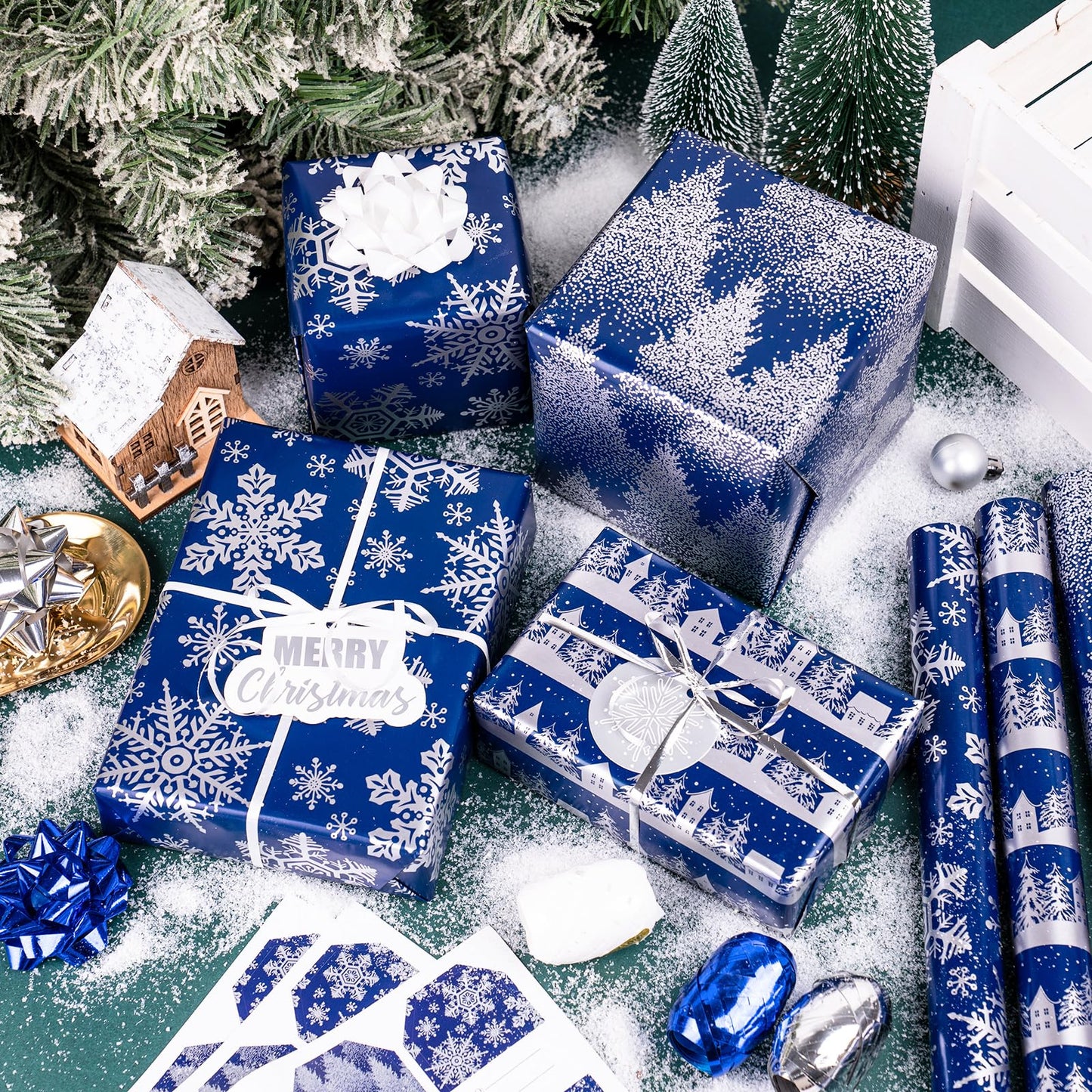 LeZakaa Christmas Wrapping Paper Bundle -Mini Roll with Bow, Ribbon, Sticker, Gift Tag -Navy with Silver Foil Design with Snowy Woodland Scenes/Snowflake/Tree-17x120 inches-3 Rolls (42.5sq.ft.ttl.)