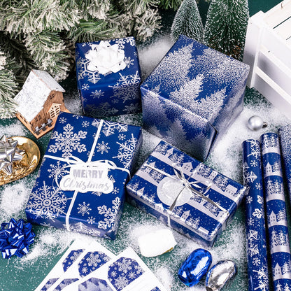 LeZakaa Christmas Wrapping Paper Bundle -Mini Roll with Bow, Ribbon, Sticker, Gift Tag -Navy with Silver Foil Design with Snowy Woodland Scenes/Snowflake/Tree-17x120 inches-3 Rolls (42.5sq.ft.ttl.)
